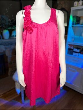 Calypso St. Barth Bright Pink 100% Silk Sleeveless Crinkle Rosette Dress, Sz M